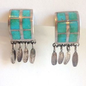 vintage turquoise inlay earrings with dangling silver feathers handmade